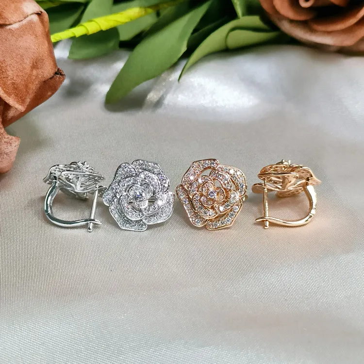 18k金山茶花耳扣（大版）满钻优雅甜美豪华大气立体设计感耳包耳拍