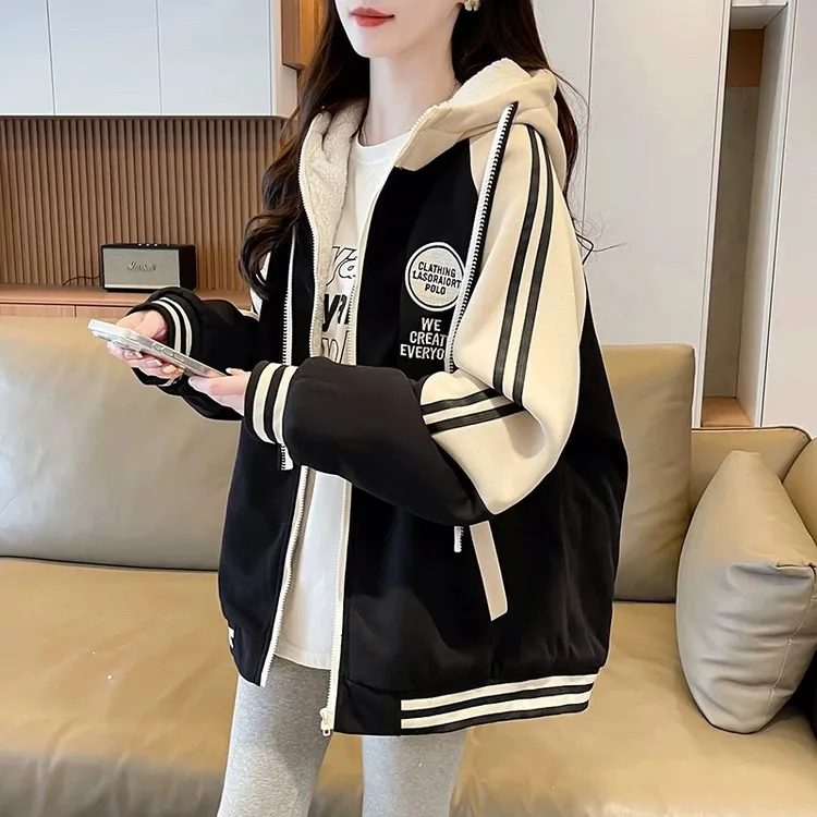 加绒加厚棒球服女冬季棉服初高中学生宽松休闲大码连帽卫衣外套潮