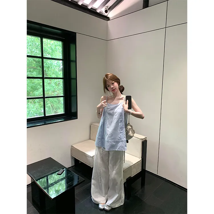 韩系夏天衣服慵懒风夏季气质设计感蓝色吊带上衣女宽松休闲阔腿裤