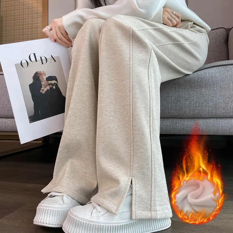 2025毛呢人字纹开叉香蕉阔腿裤女九分大码加绒加厚宽松休闲裤女