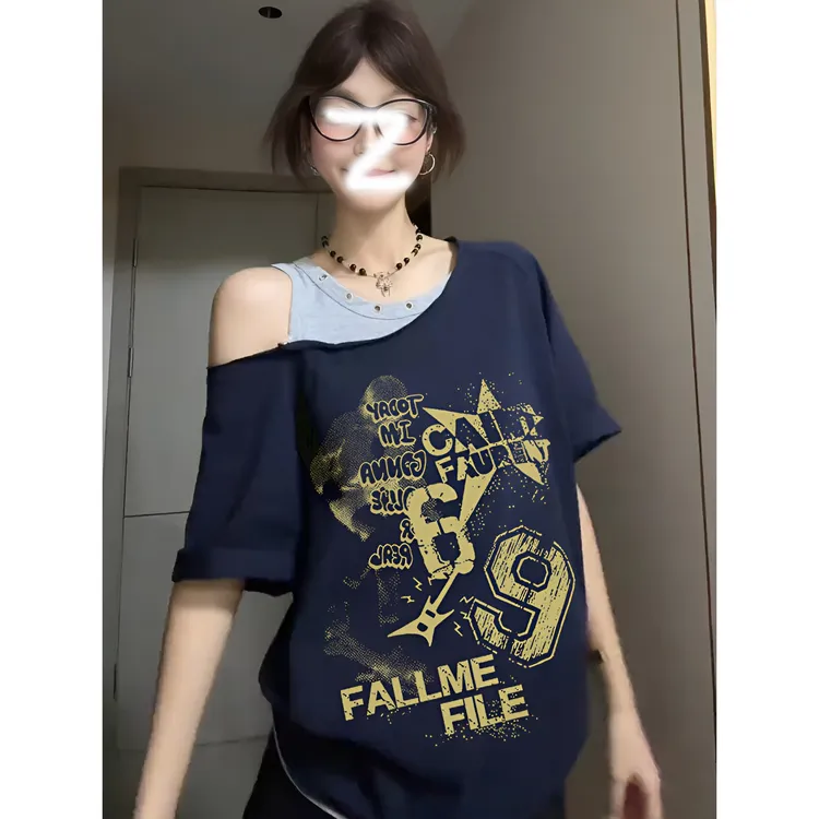 夏季辣妹假两件斜肩短袖t恤女慵懒风设计感时尚炸街新款女装
