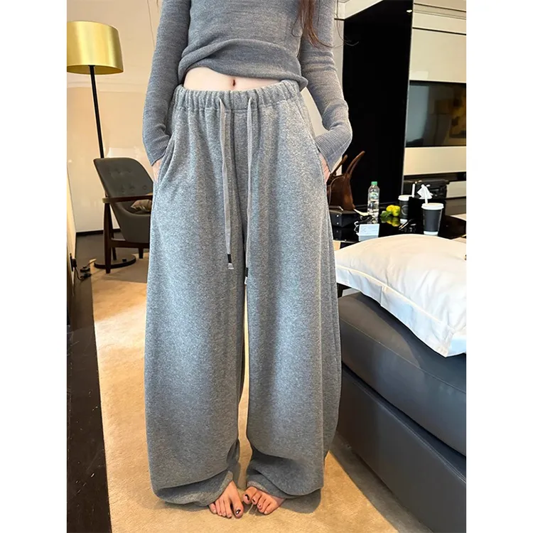 耶古慵懒感灰色休闲裤女秋冬季加绒高腰显瘦抽绳束脚垂坠感阔腿裤
