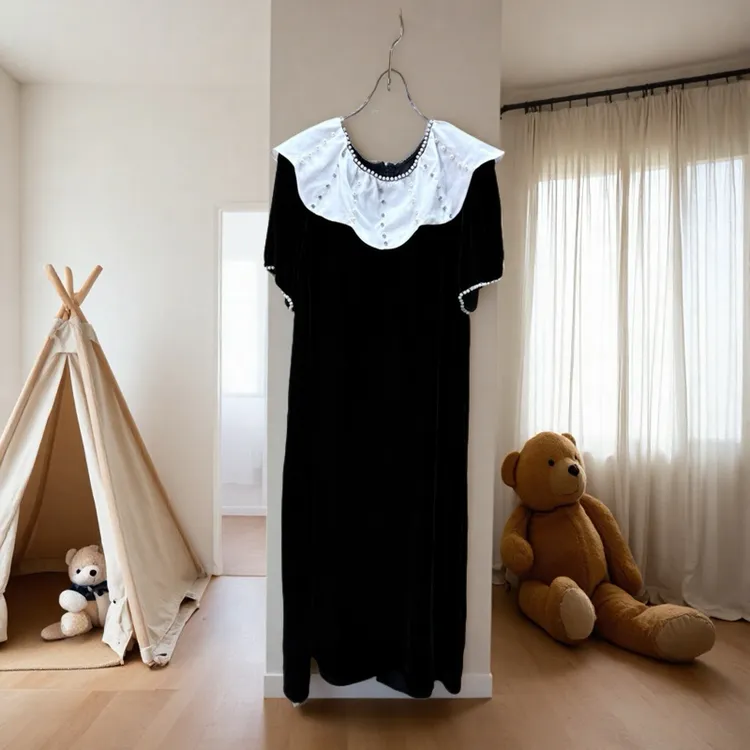 珍珠水钻花瓣领100%真丝丝绒连衣裙裙子气质优雅减龄长裙