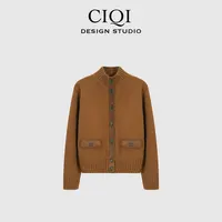 CIQI STUDIO【卡布奇洛】羊毛混纺立领撞色单排纽扣长袖毛衣DY25969