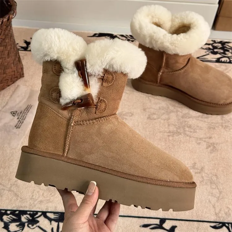 【CK官方正品】桑坡厚底雪地靴皮毛一体2025新款牛角扣高筒保暖羊毛