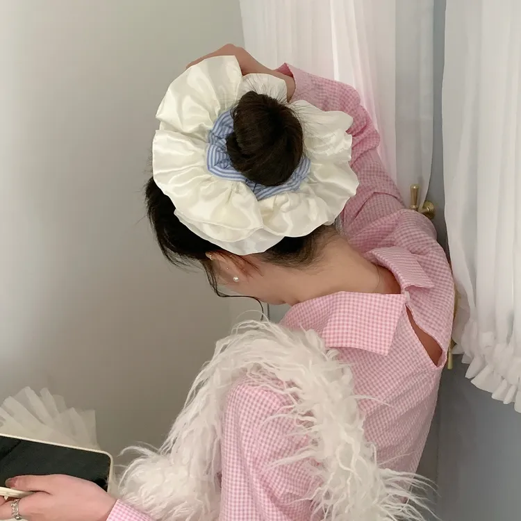 奶油缎面花边蓝条纹大号发圈芭蕾风拼接大肠圈头绳丸子头发绳发饰