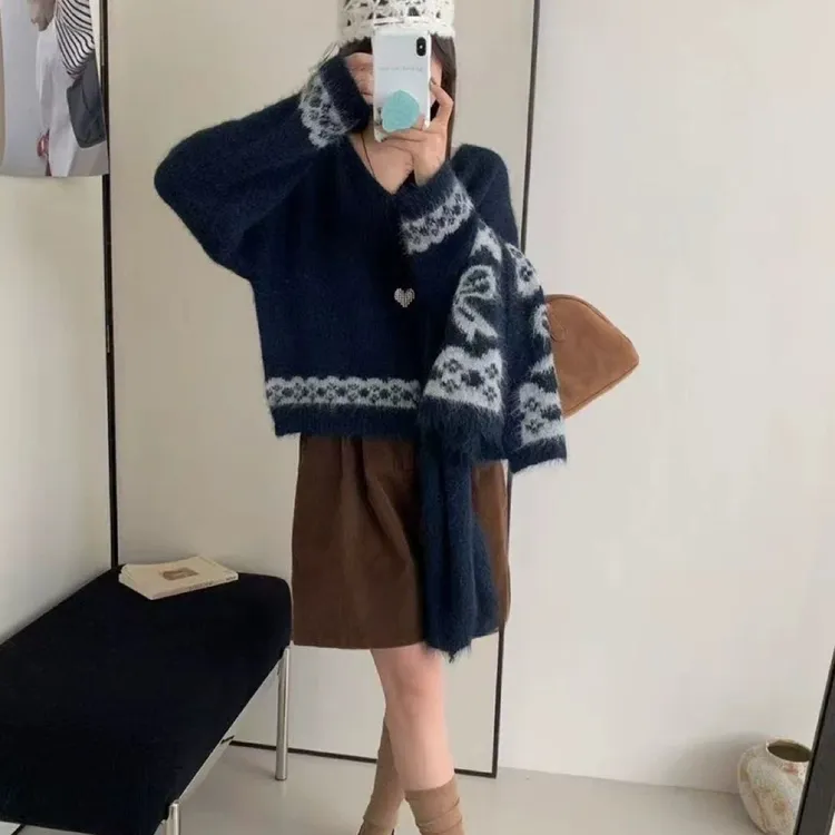 通勤毛衣秋冬慵懒风针织衫长袖毛针织衫时尚纯色拼接