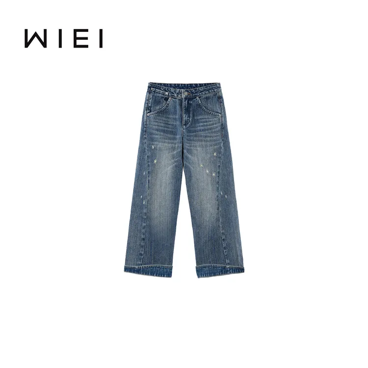 《WI EI》古惑仔*100%棉复古破洞竖竹纹理廓形牛仔裤W25303078