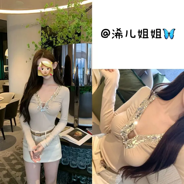 （浠儿家）柔软v领钉珠修身长袖上衣手工拼接紧身T恤显瘦内搭打底衫