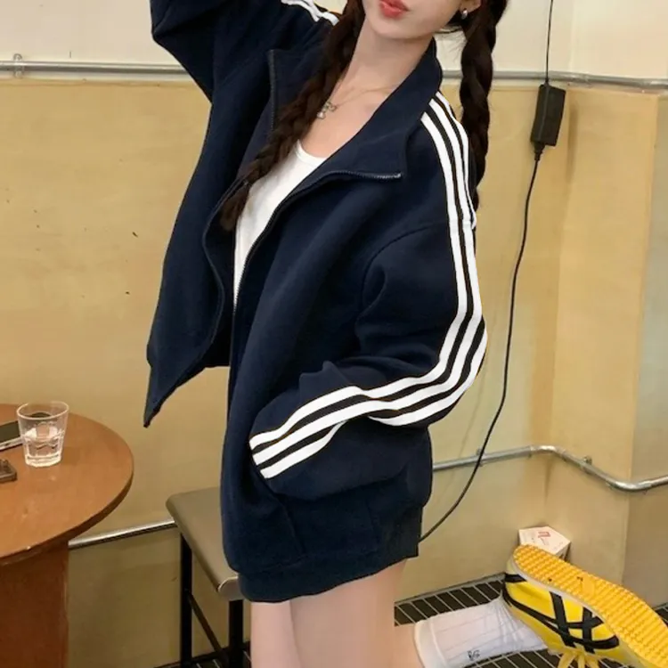 复古三条杠外套秋季新款女装美式2025新款拉链韩系卫衣立领开衫