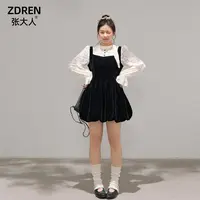 张大人【丝绒黑巧】大码女装微胖妹妹法式喇叭袖假两件拼丝绒花苞裙