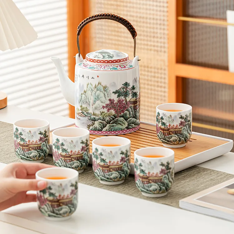 提梁壶功夫茶具套装家用陶瓷中式大号桥壶现代下午茶茶壶茶杯小套