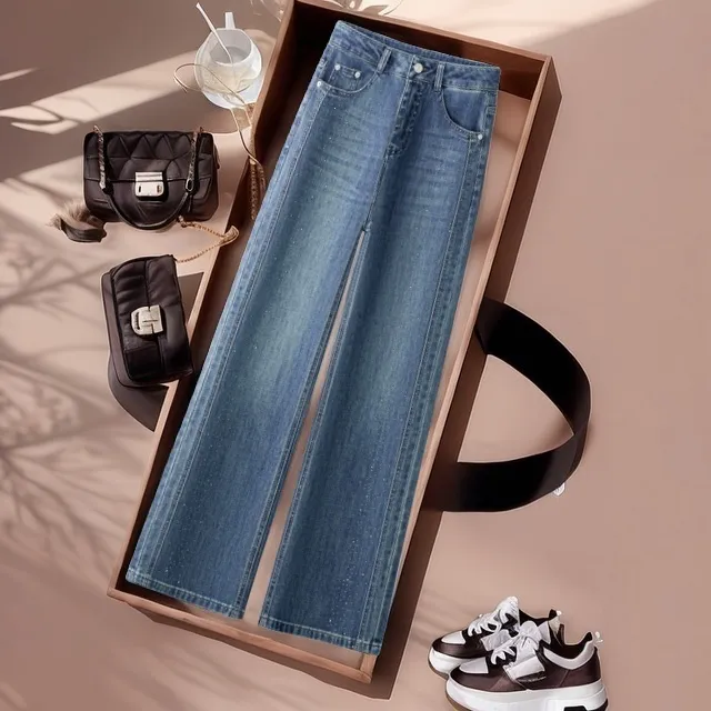 深蓝色做旧牛仔直筒裤女2025春季新款高腰显瘦垂感复古窄版阔腿裤