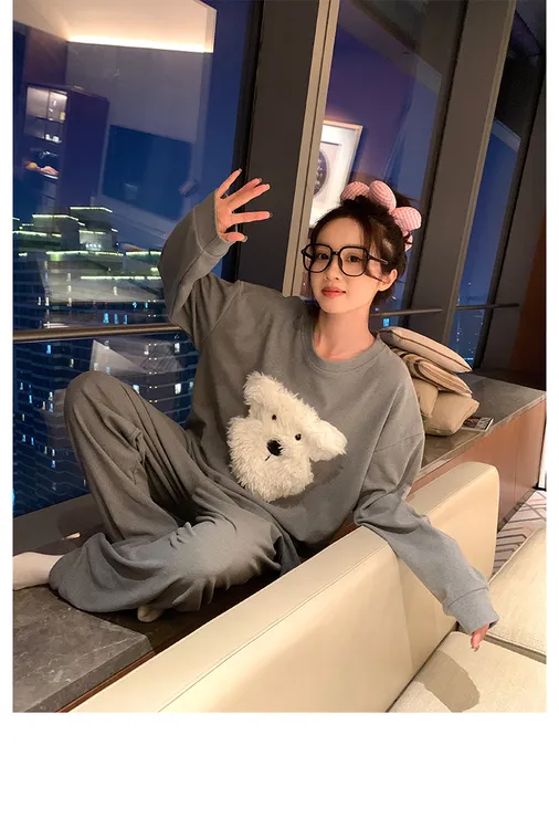 2025可爱毛绒小狗睡衣女秋冬季圆领长袖德绒舒适家居服套装501