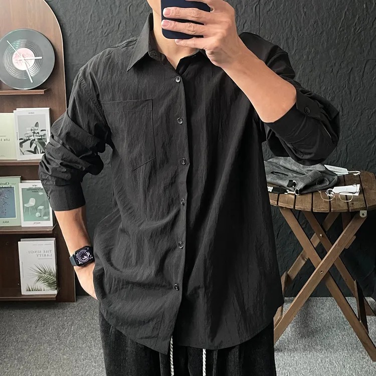 莱赛尔纯色长袖衬衫男士春秋季外搭高级感老钱风衬衣上衣