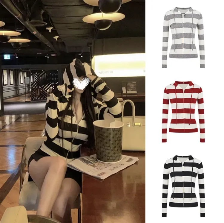 Moses Queen/魔西女王慵懒风条纹拉链开衫韩系修身辣妹短款上衣