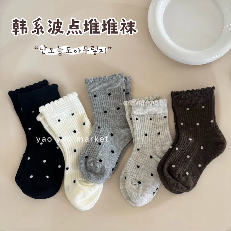 儿童袜子中筒秋季女童黑白洋气韩版波点松口花边棉袜女孩宝宝