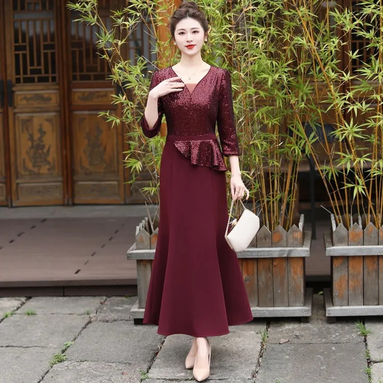 喜婆婆七分袖长款婚宴鱼尾裙新款洋气连衣裙结婚敬酒服喜宴旗袍裙