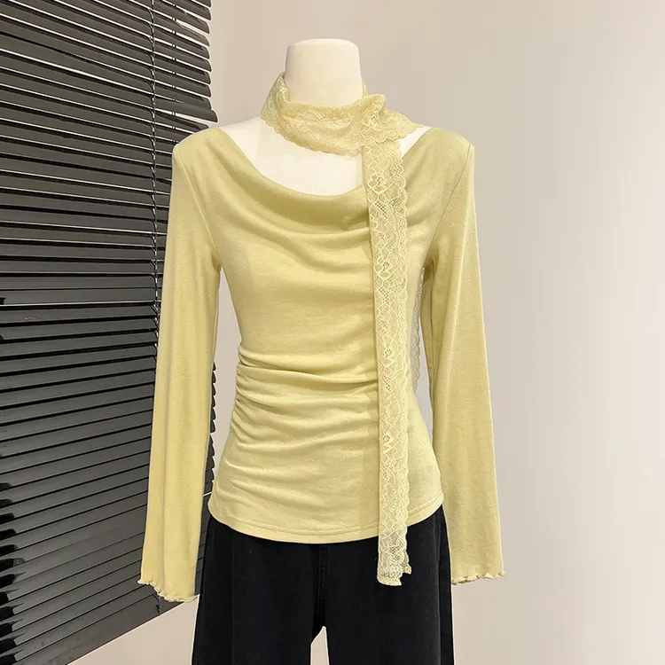 小婉薇 纯欲荡领带围脖收腰显瘦不规则长袖T恤女秋冬木耳边上衣