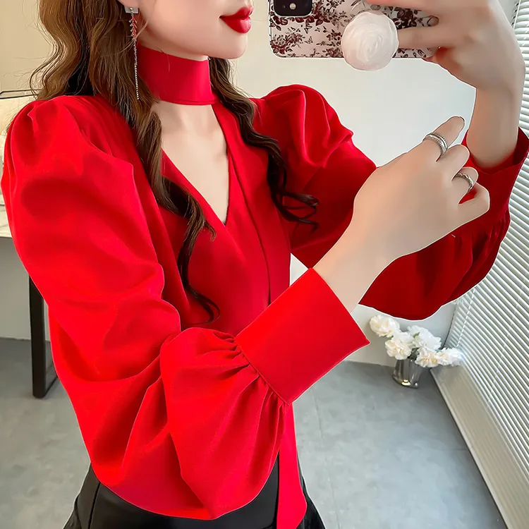 红色显白雪纺衬衫女设计感小众纯色衬衣显瘦飘带V领泡泡袖上衣秋