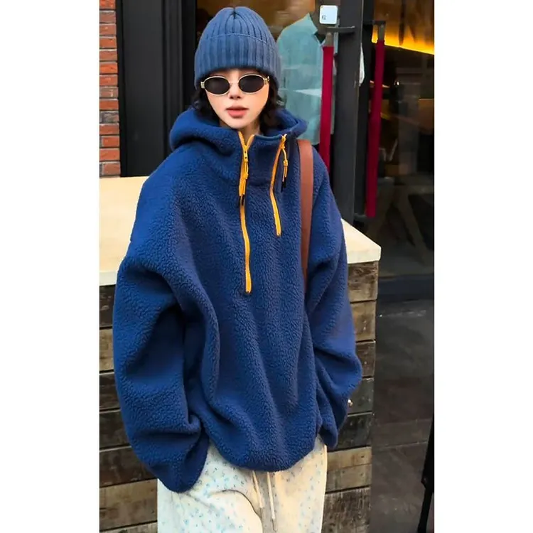 欧货2025秋冬新款时尚宽松遮肉纯色长袖连帽双拉链设计套头卫衣女