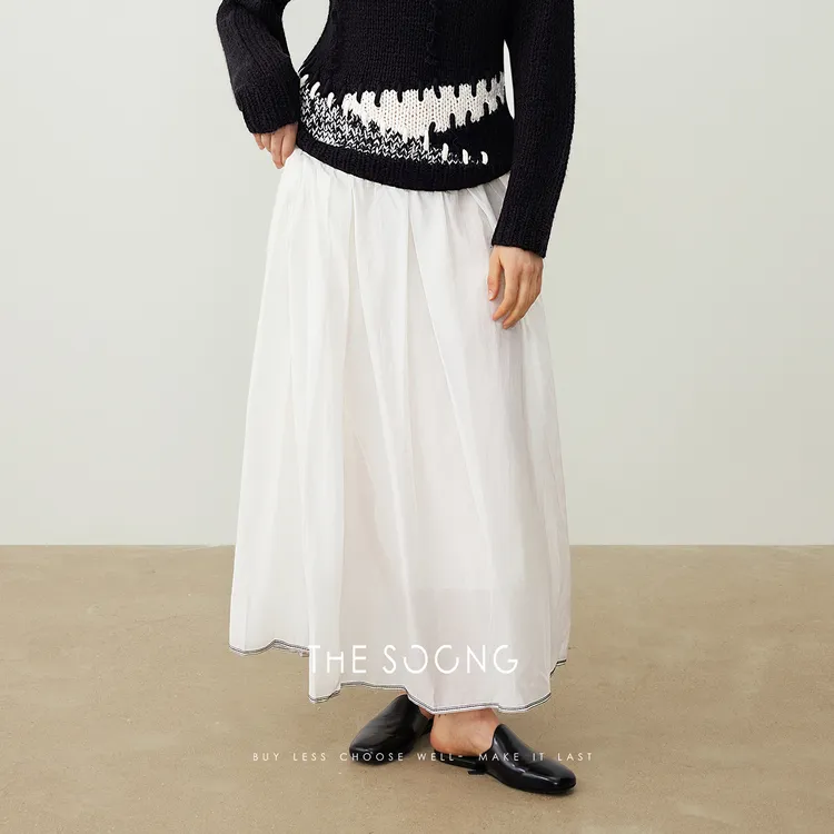 THESOONG|仙女裙 桑蚕丝棉轻盈哑光线条感松紧腰白色半身裙QZ6674