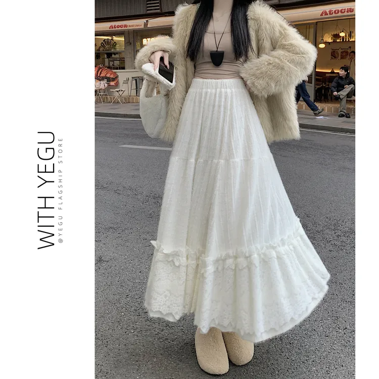 温柔风蕾丝花边半身裙女秋冬软糯针织大摆裙中长款毛绒a字蛋糕裙