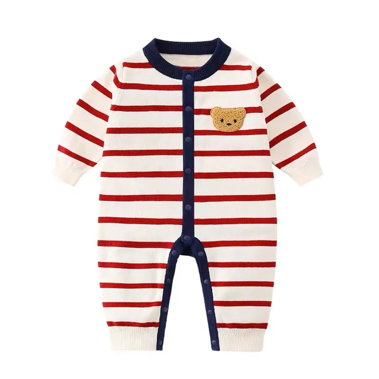 婴儿春秋针织连体衣休闲风条纹宝宝熊头爬服秋冬哈衣韩版棉线洋气
