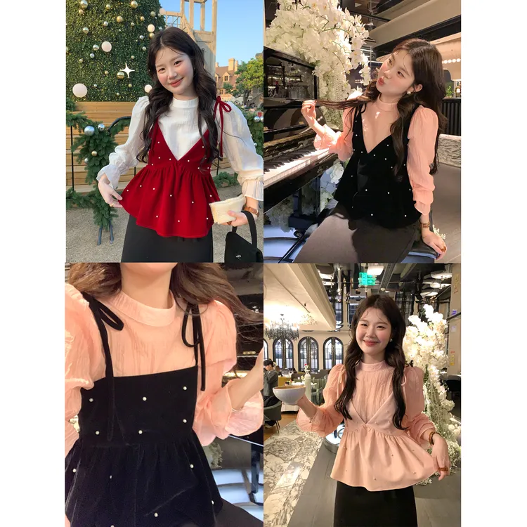 火火火【限定氛围】韩系氛围感珍珠v领丝绒吊带上衣D39991HH54