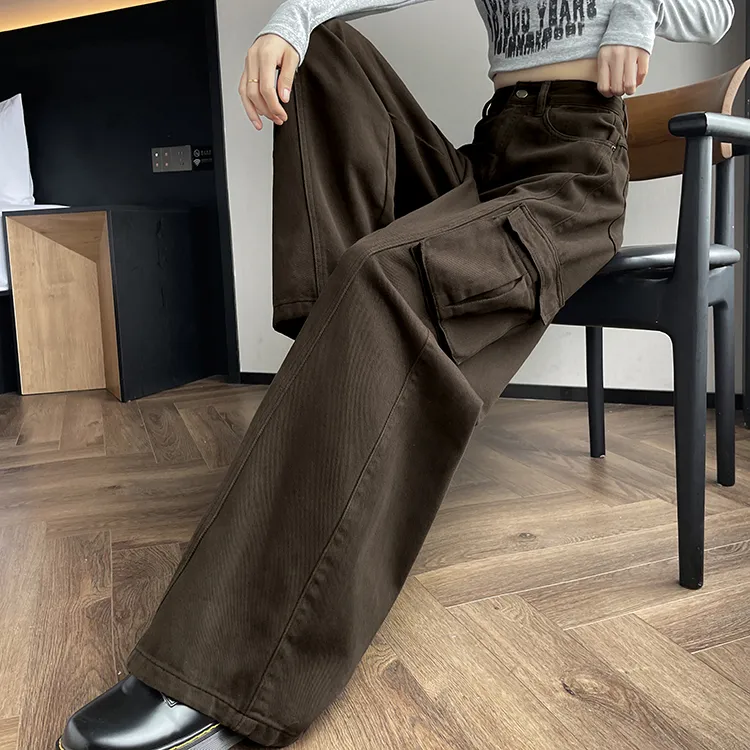 咖啡色美式工装阔腿牛仔裤女秋季新款显瘦宽松高街潮流小众拖地裤