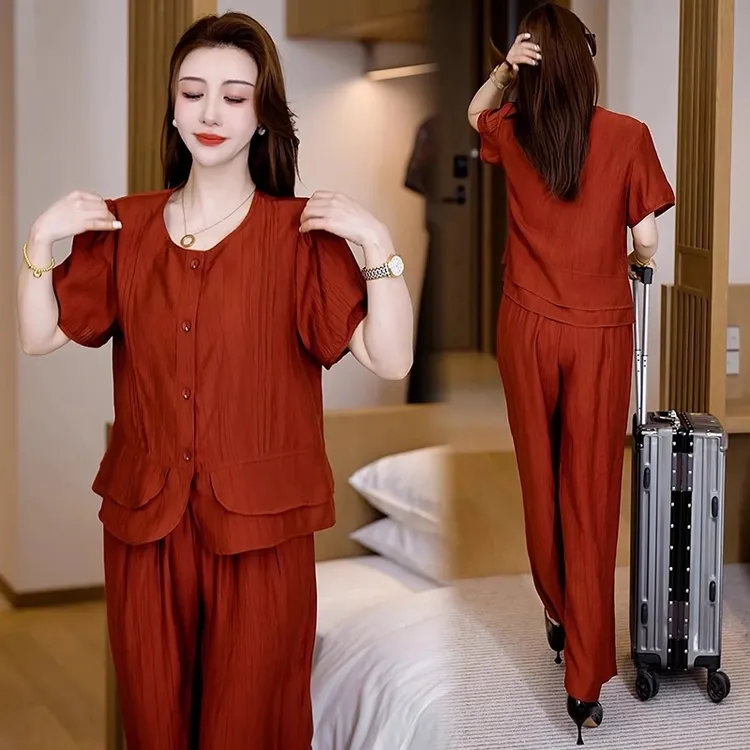 冰丝时尚套装女2025夏季新款洋气显瘦假两件短袖上衣阔腿裤两件套