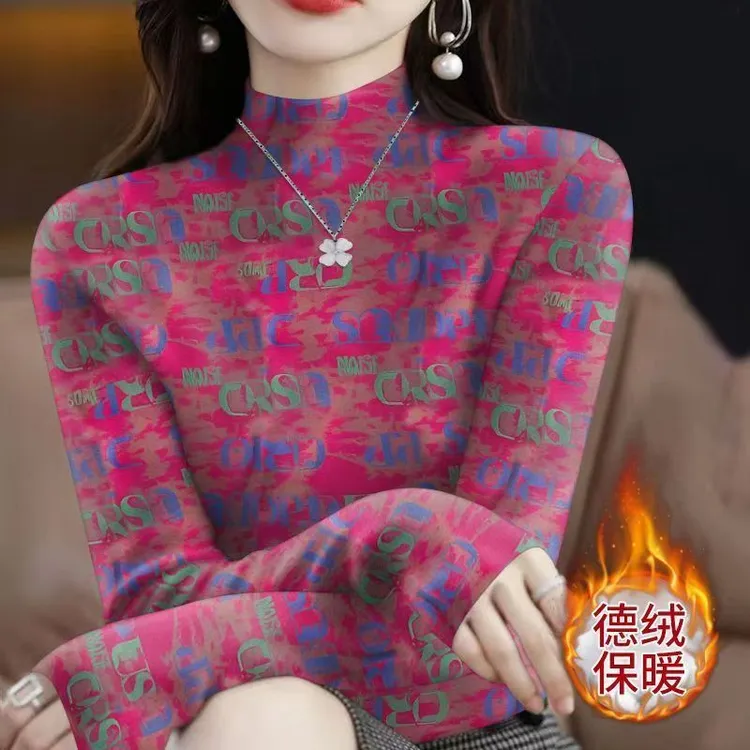 中老年妈妈装半高领德绒打底衫女秋冬保暖印花弹力外穿长袖t恤潮