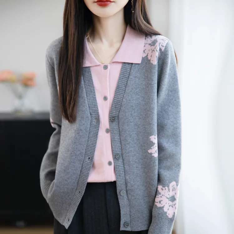 鄂尔多市纯100羊毛衫女士秋季新款宽松翻领假两件针织开衫毛衣女