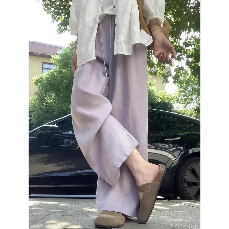 紫色阔腿休闲裤女高腰夏季薄款百搭宽松显瘦直筒长裤小个子穿搭潮