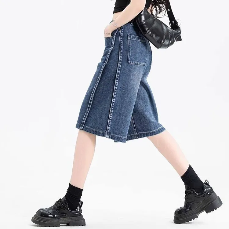 高腰牛仔短裤女2025新款夏季薄款外穿宽松阔腿五分裤复古直筒中裤