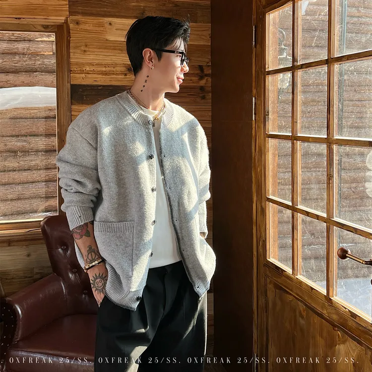 OXFREAK「扎染罗马线」羊毛混纺老钱风开衫毛衣男冬季保暖针织衫