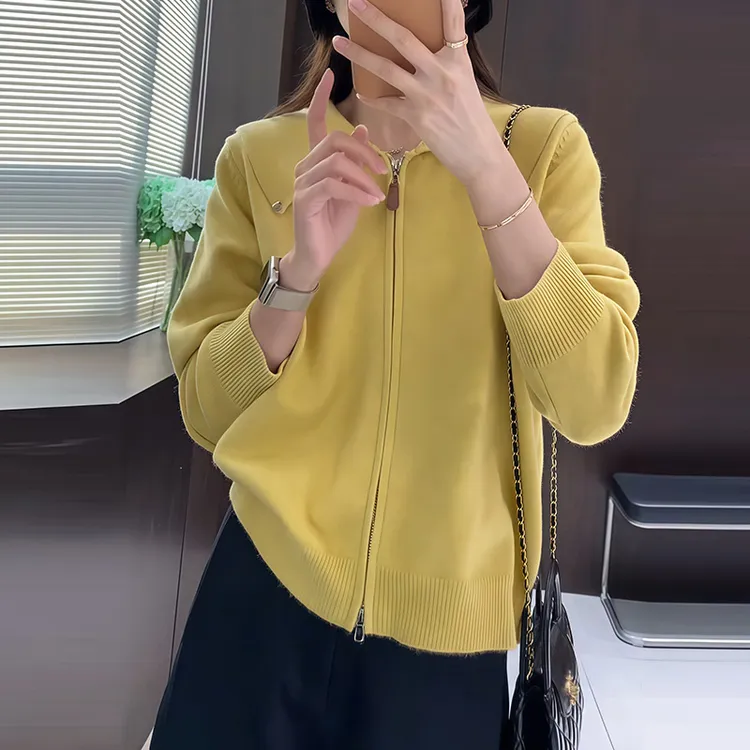 气质纯色简约百搭气质好看针织开衫秋季翻领休闲韩系拉链毛衣外套