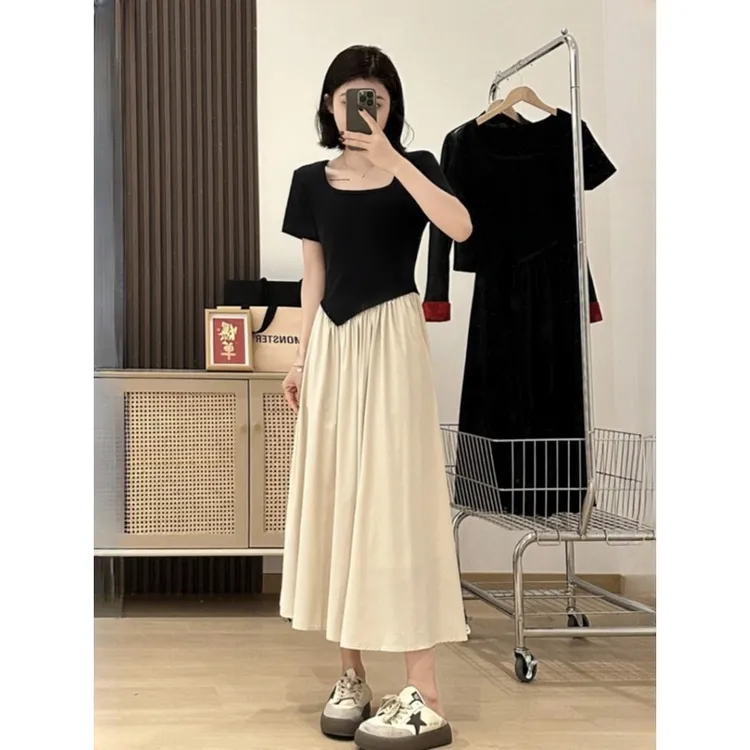 中式假两件拼接t恤连衣裙女2025新款设计感小众高腰压褶短袖长裙