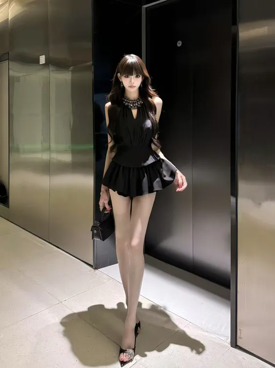 【精选优品】镂空显瘦挂脖夏季高腰蓬蓬裙时尚套装251014+25391-2