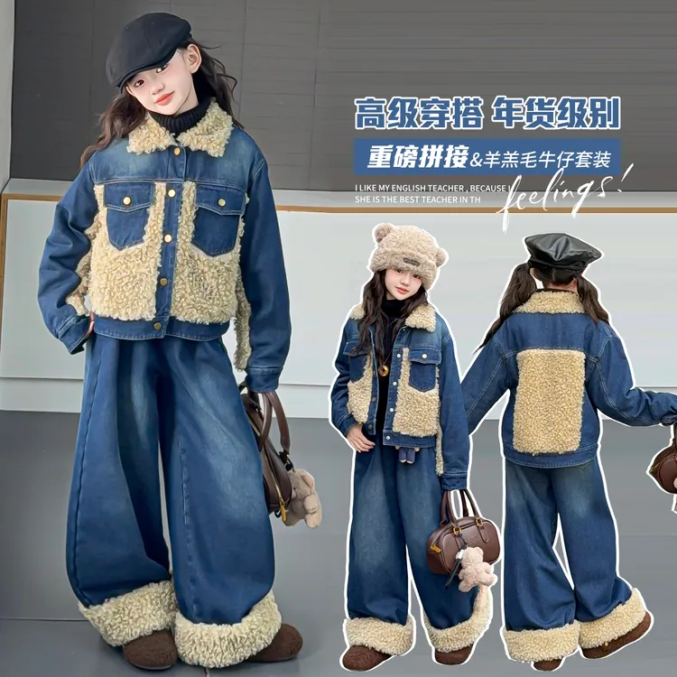 女童秋冬牛仔套装2025新款韩版儿童加绒加厚外套牛仔裤洋气两件套
