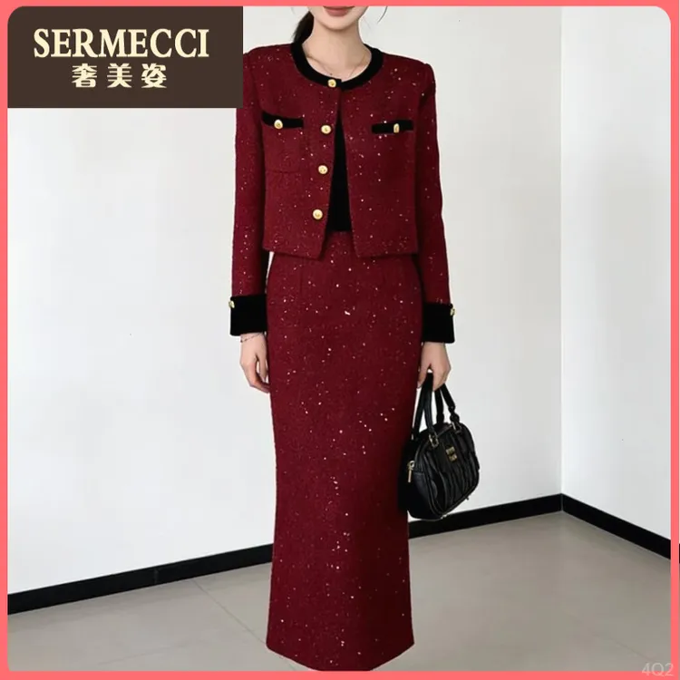 时尚奢美姿千金感红色小香风套装2025年冬季外套半身裙两件套