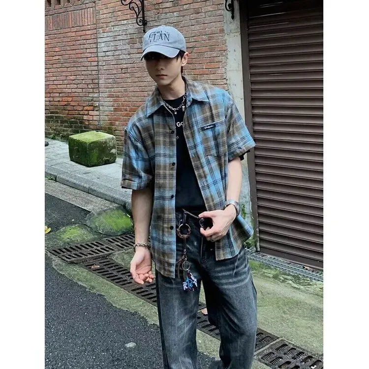 美式高街复古风半袖衬衫男款夏季渐变格子撞色设计感宽松痞帅衫衣