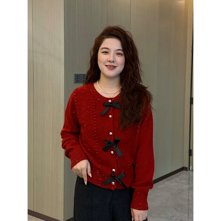WenWen小个子2026秋冬新款撒银钉珠蝴蝶结开衫修身针织毛衣4783