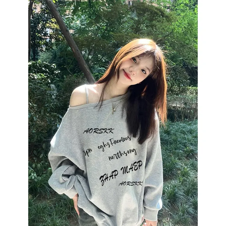 【ZHAP】斜领露肩百搭卫衣女秋季新款浅灰色潮流oversize显瘦欧美风