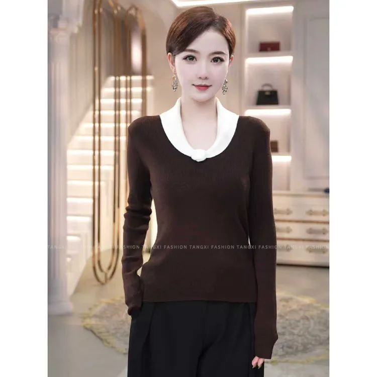 2025秋冬新款【8181】含绵羊毛洋气减龄设计棕色V领针织小衫毛衣女