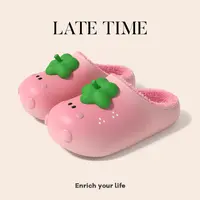 latetime可爱草莓防水棉拖鞋女款冬季室内居家防滑加绒保暖毛拖鞋