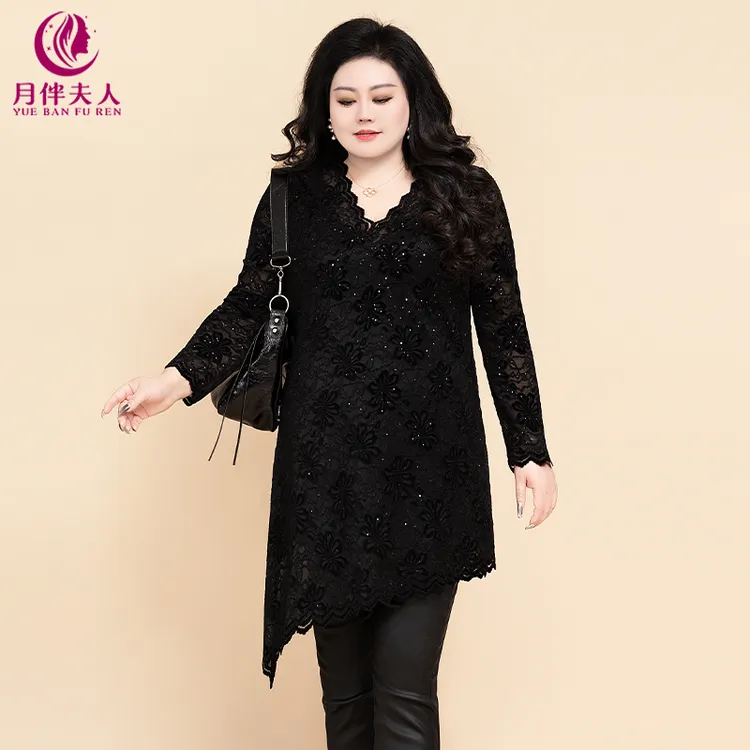 月伴夫人 2025秋冬季新款大码不规则蕾丝花边设计收腰连衣裙8283