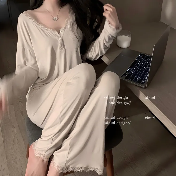 纯欲风睡衣女长袖长裤春秋柔软性感蕾丝长袖代尔棉V领家居服套装