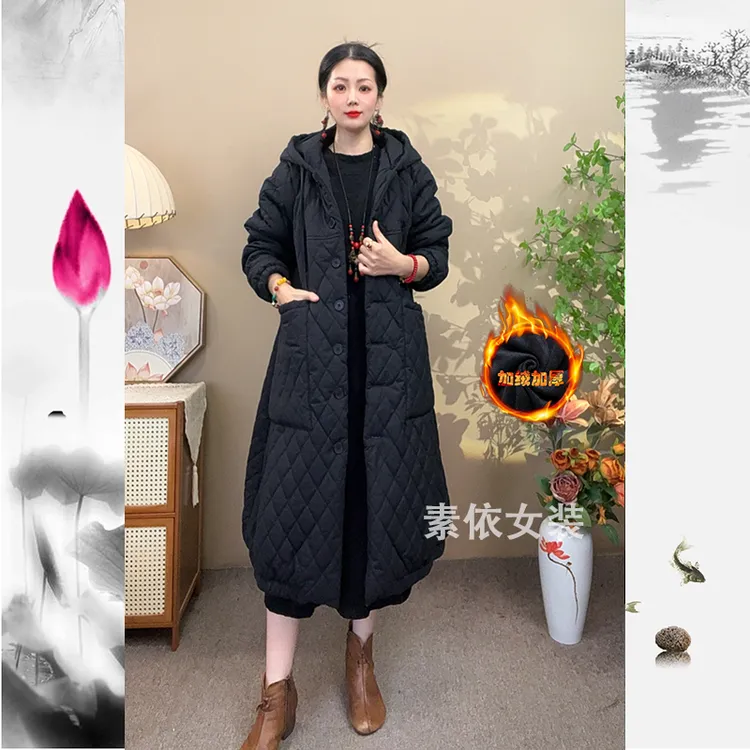 冬季女装加棉加绒加厚长款风衣时尚复古宽松气质百搭连帽棉服外套
