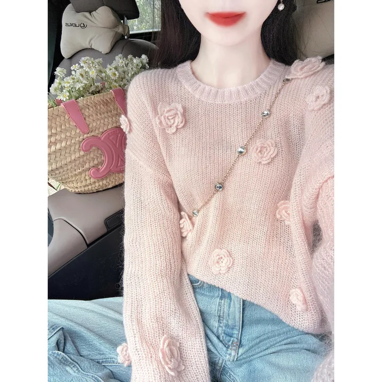 温柔风立体花朵圆领毛衣女2025夏季新款慵懒风宽松显瘦针织上衣女